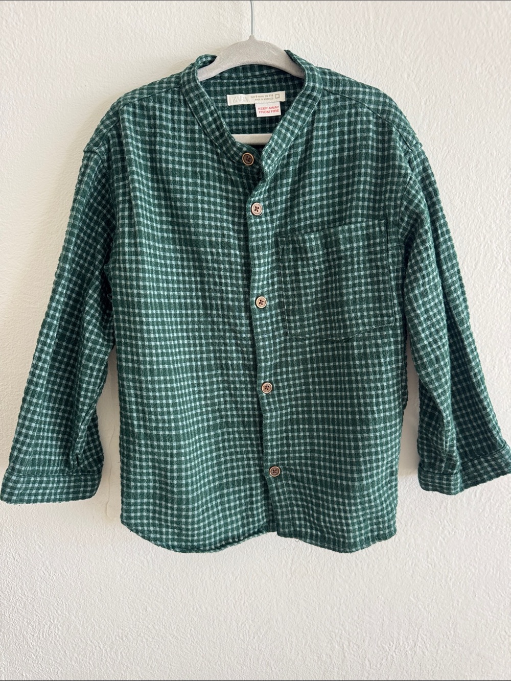 Zara Boys Green Check Plaid Band-Collar Button Shirt
